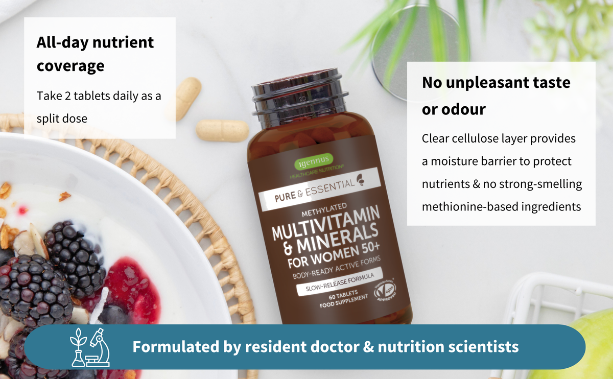 Multivitamin bottle with text about nutrient coverage, taste, and formulation by scientists on a white background.