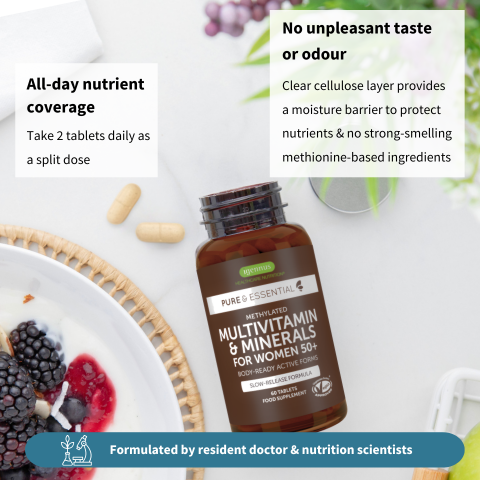 Multivitamin bottle with text about nutrient coverage and product features on a blurred background
