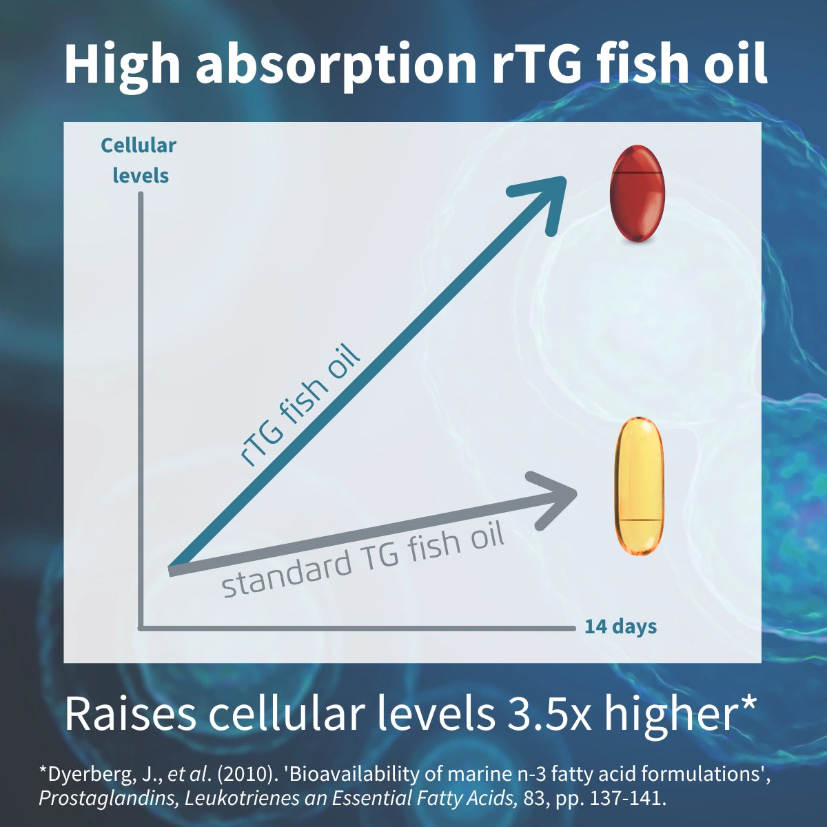 Diagram comparing high absorption rTG fish oil to standard TG fish oil with text about cellular levels and a reference.