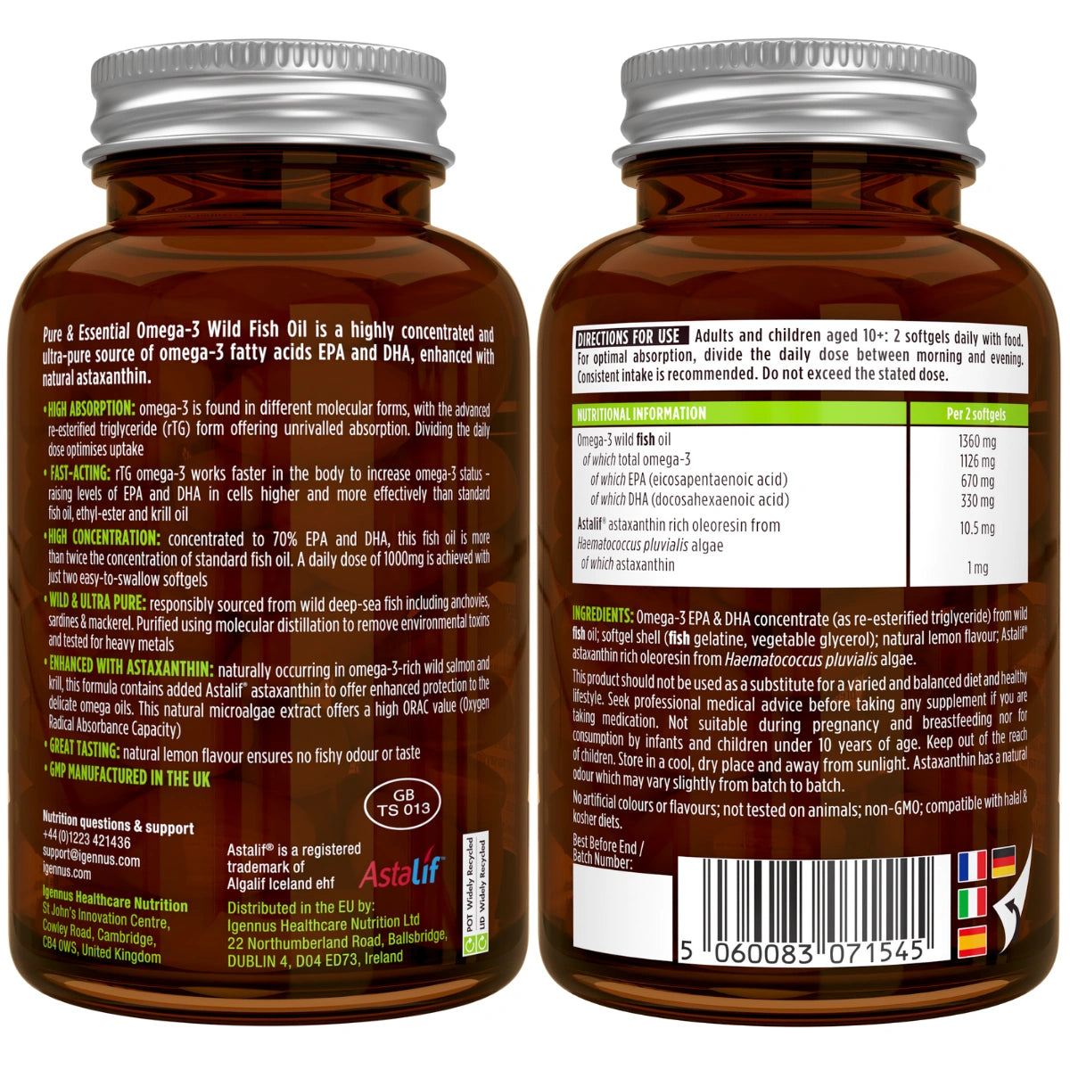 Two bottles of Omega-3 Wild Fish Oil with labels on a white background