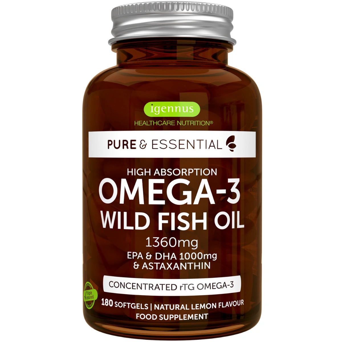 Omega-3 wild fish oil supplement bottle with Igennus label on a white background