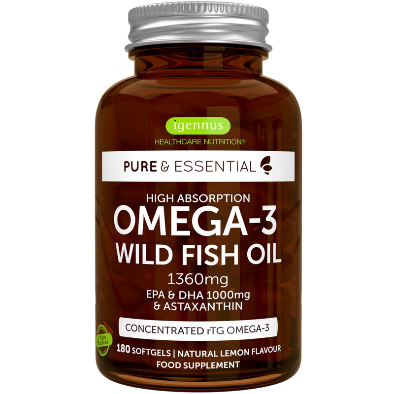Omega-3 wild fish oil supplement bottle with Igennus label on a white background