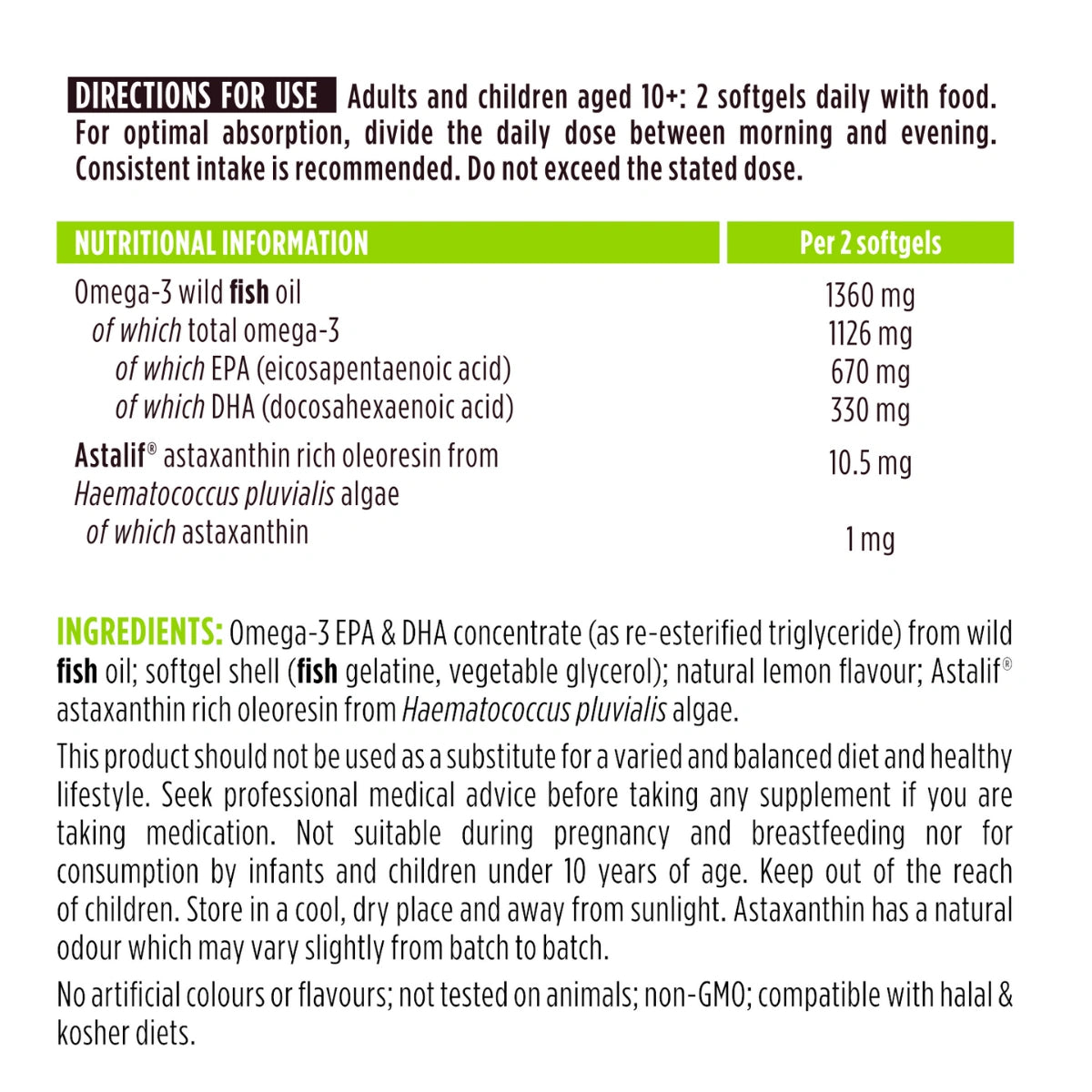 Supplement label with directions for use, nutritional information, and ingredients on a white background.