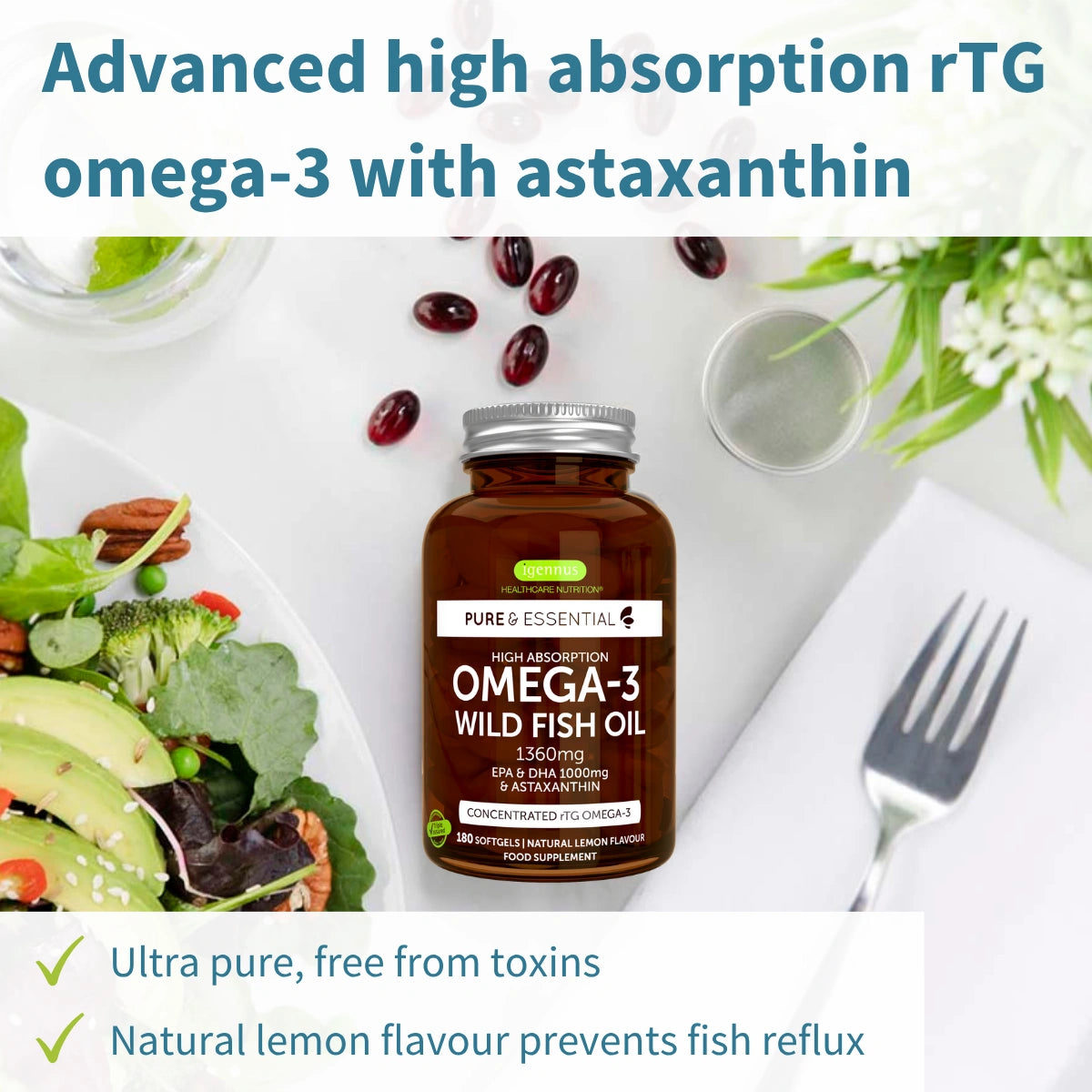 Omega-3 wild fish oil supplement bottle with salad and berries on a table