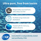 Advertisement for ultra-pure, toxin-free product with deep-sea fish background and IFOS certification logo.