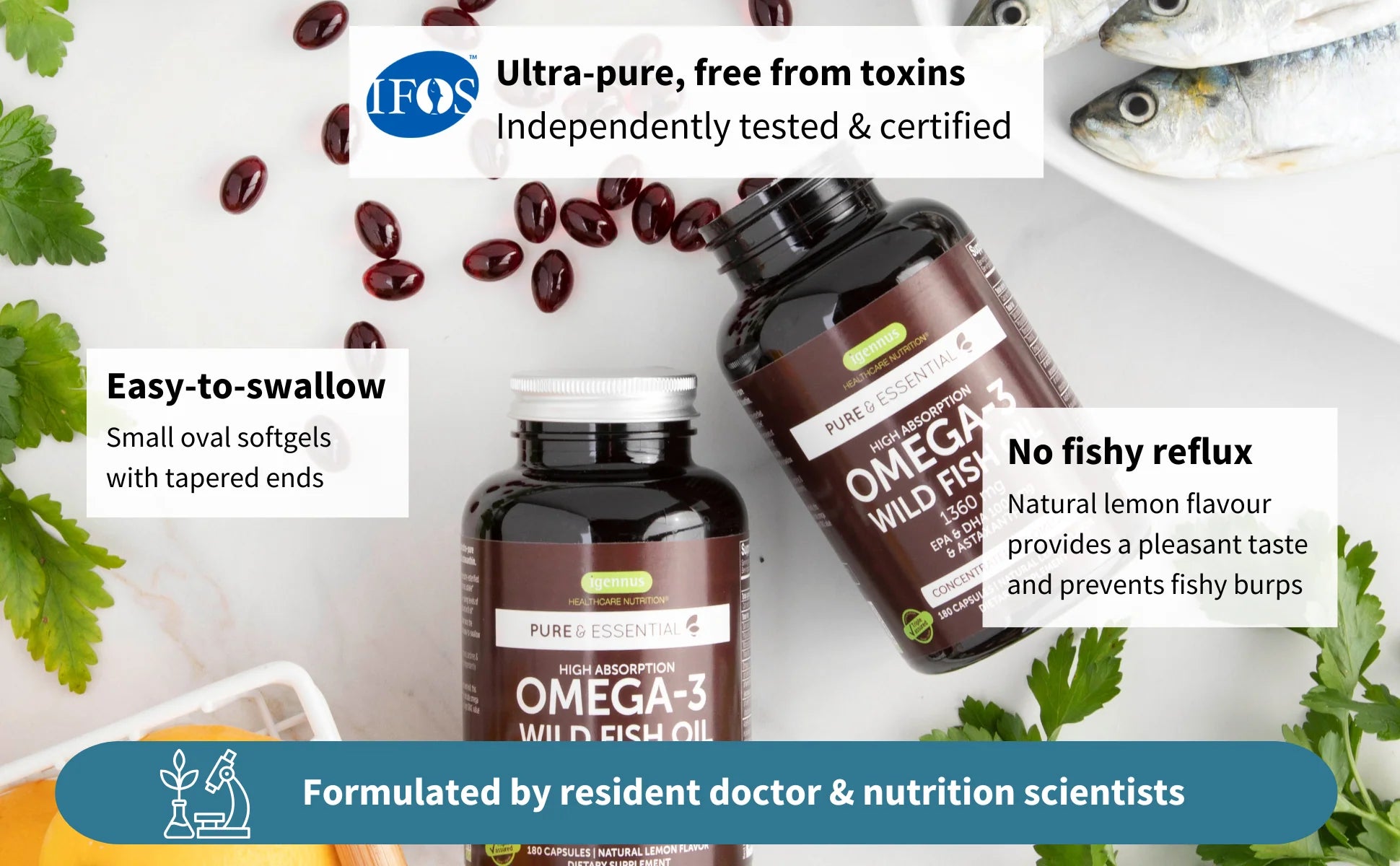 Omega-3 supplement bottles with health benefits text on a white background