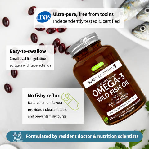 Omega-3 wild fish oil supplement bottle with certification logos and product features on a white background.