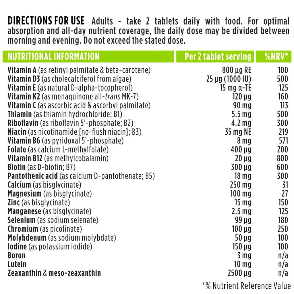 Nutritional information label for a dietary supplement with detailed vitamin and mineral content per 2 tablets.