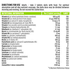 Nutritional information label for a dietary supplement with detailed vitamin and mineral content per 2 tablets.