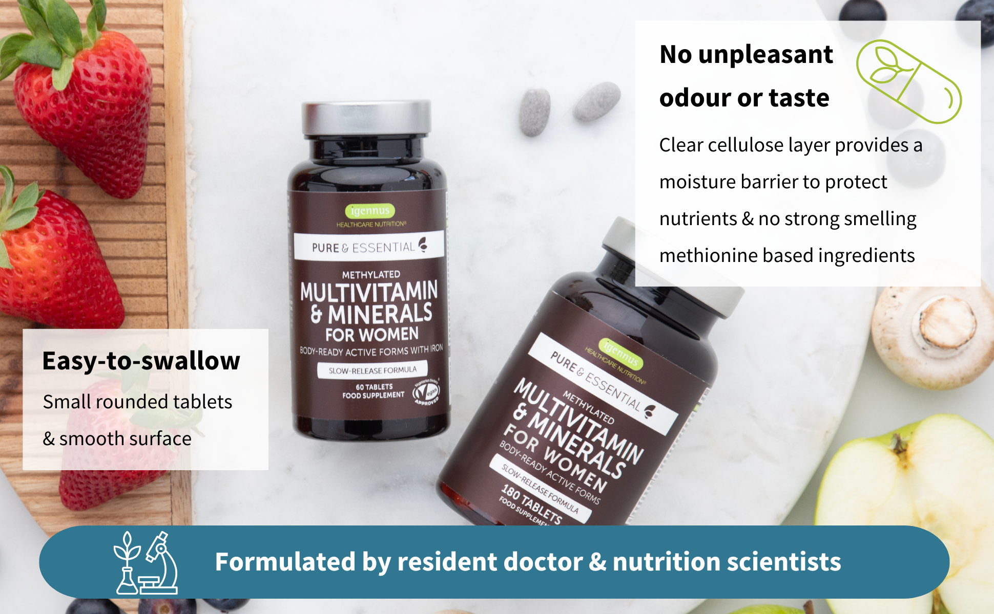 Multivitamin and mineral supplement bottles for women with strawberries and mushrooms on a white surface.