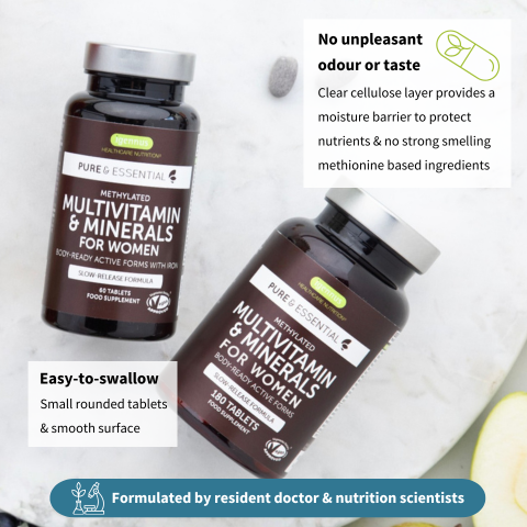 Two bottles of multivitamin supplements for women on a light background with text about product features.
