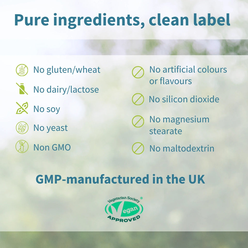List of pure ingredients and manufacturing details on a green background