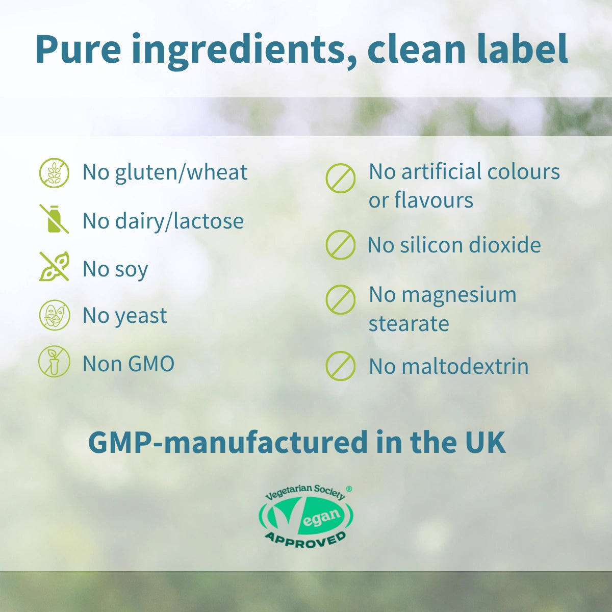 List of pure ingredients and manufacturing details on a green background