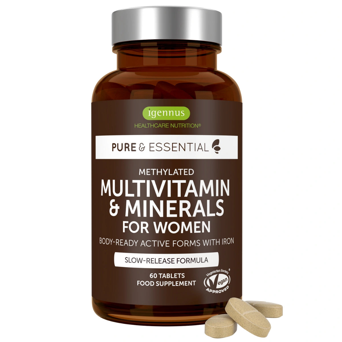 Bottle of Igennus Multivitamin & Minerals for Women on a white background