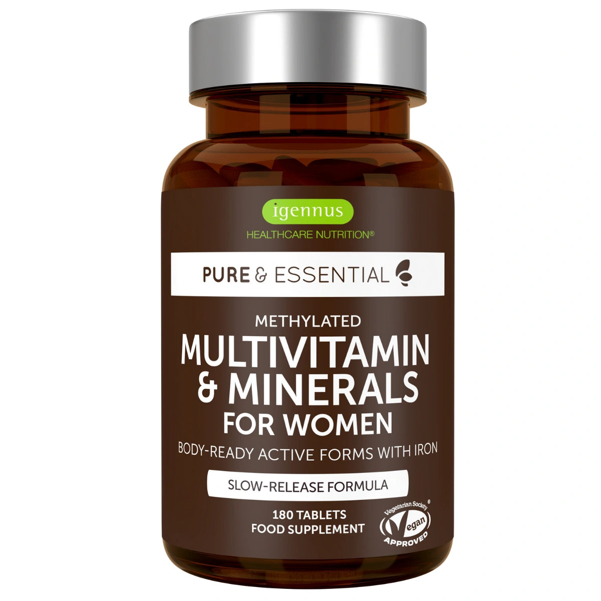 Brown supplement bottle labeled 'Pure & Essential' with 'igennus' branding on a white background