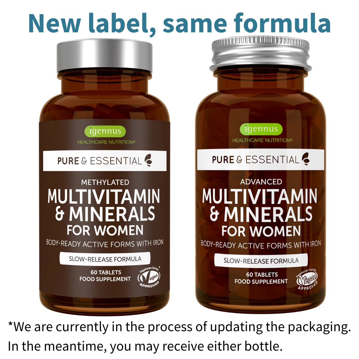 Two bottles of 'Pure & Essential' multivitamin and mineral supplements for women on a white background.
