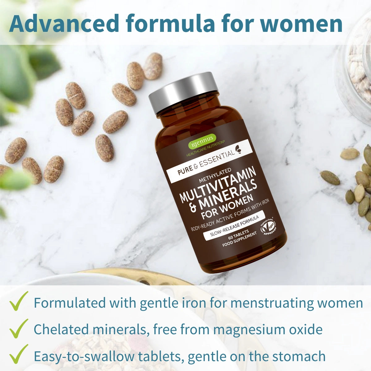 Multivitamin supplement bottle for women on a light background with text highlighting features.