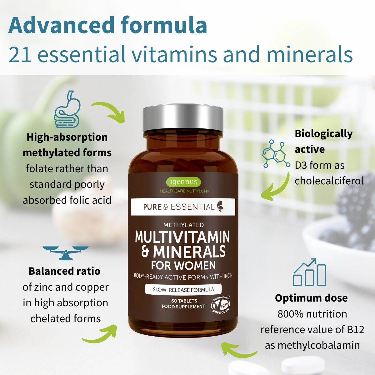 Bottle of Pure Essential Multivitamin & Minerals for Women with product details on a white background