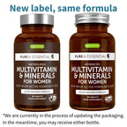 Two bottles of 'Pure & Essential' multivitamin and mineral supplements for women on a white background.