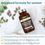 Multivitamin and mineral supplement bottle for women on a marble surface with text highlighting features.