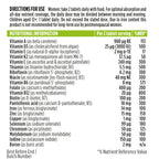 Nutritional information label for a dietary supplement with detailed vitamin and mineral content per tablet.