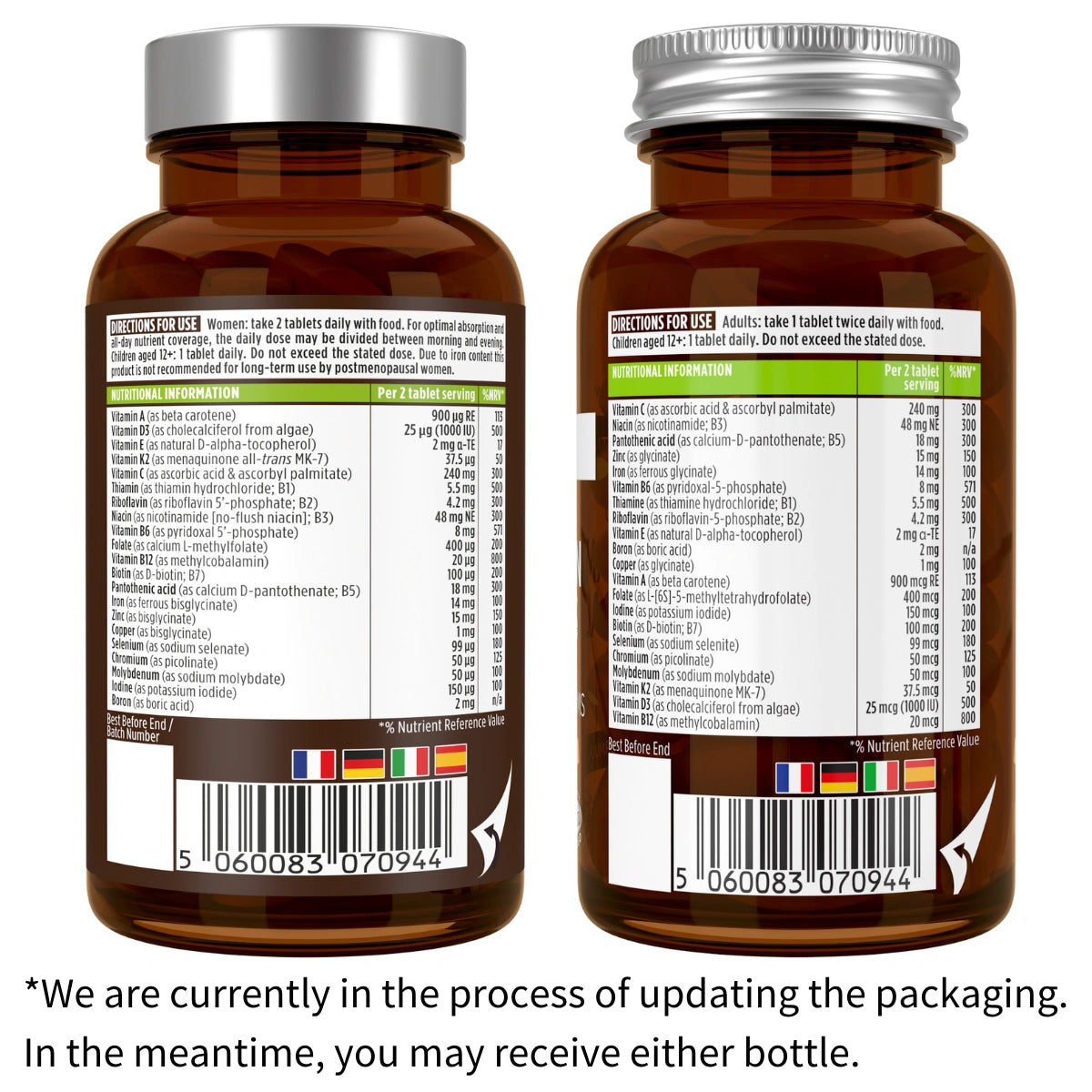 Two brown supplement bottles with labels on a white background