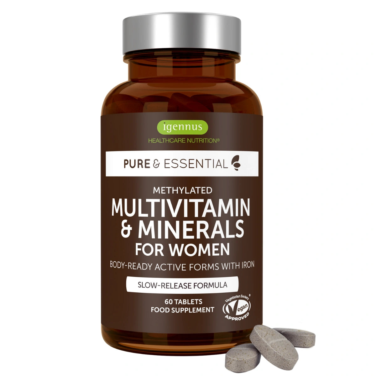 Bottle of Igennus Multivitamin & Minerals for Women on a white background