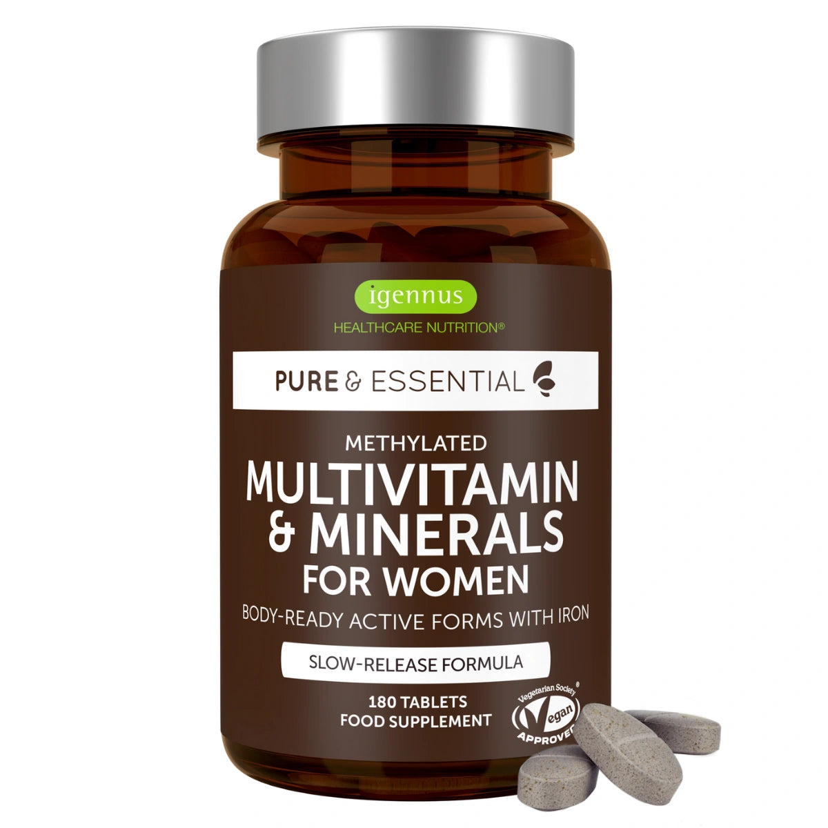 Bottle of igennus Pure & Essential Multivitamin & Minerals for Women on a white background