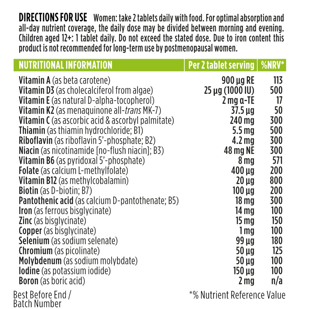 Methylated Multivitamin & Minerals with Iron for Women, with Folate, Vitamin D3 1000iu & Zinc, 60-180 Tablets