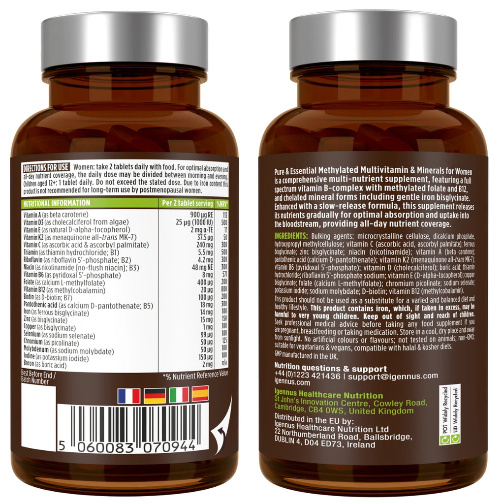 Methylated Multivitamin & Minerals with Iron for Women, with Folate, Vitamin D3 1000iu & Zinc, 60-180 Tablets