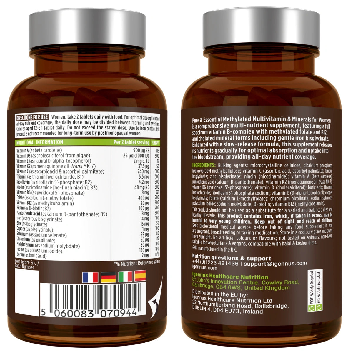 Methylated Multivitamin & Minerals with Iron for Women, with Folate, Vitamin D3 1000iu & Zinc, 60-180 Tablets
