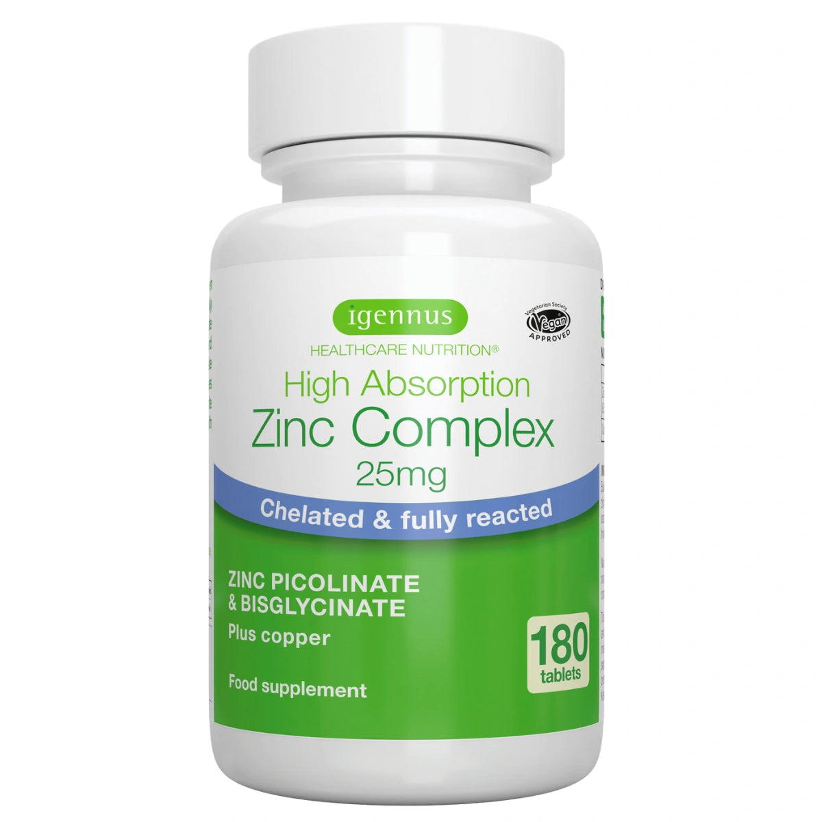 High Absorption Zinc Complex 25mg with Copper, Chelated Zinc Picolinate & Bisglycinate, 180 Tablets