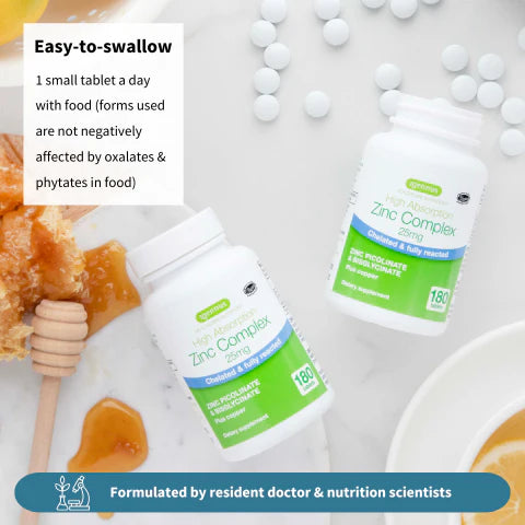 Two bottles of Zinc Complex with honey and a bowl in the background, labeled as easy-to-swallow and formulated by doctors and nutrition scientists.