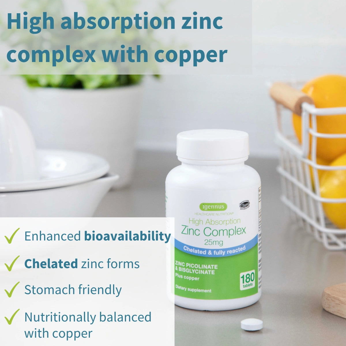 Supplement bottle labeled 'High Absorption Zinc Complex with Copper' on a kitchen counter.
