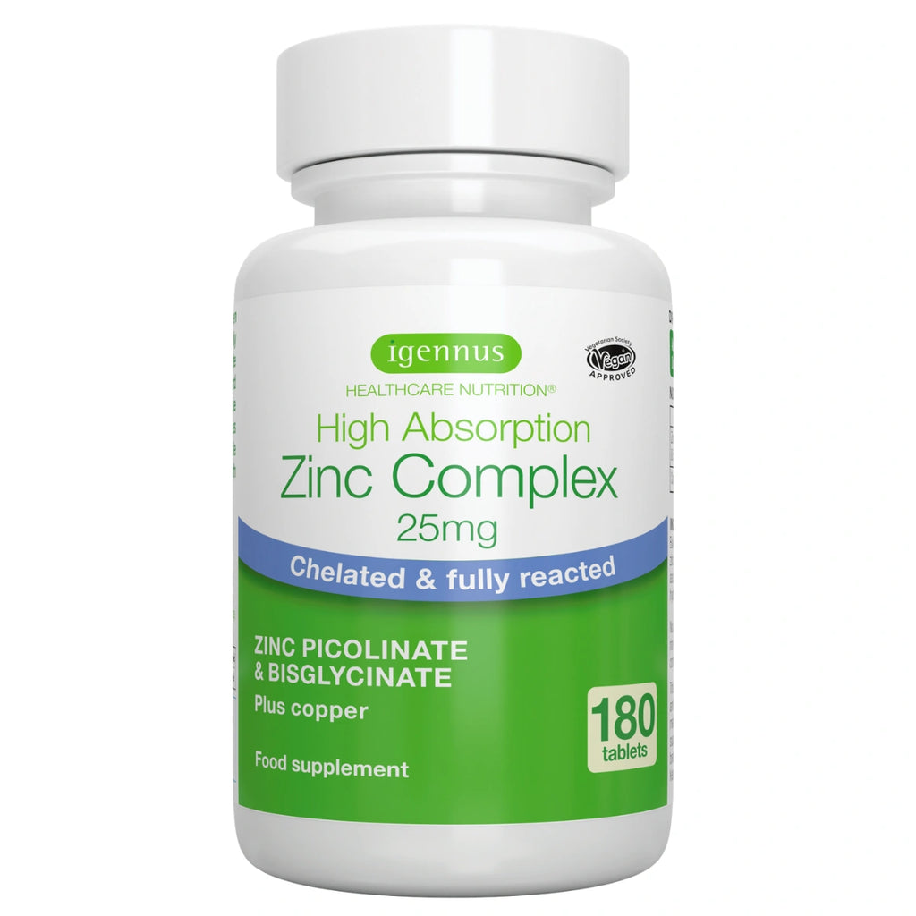 Supplement bottle labeled 'High Absorption Zinc Complex' by igennus on a white background