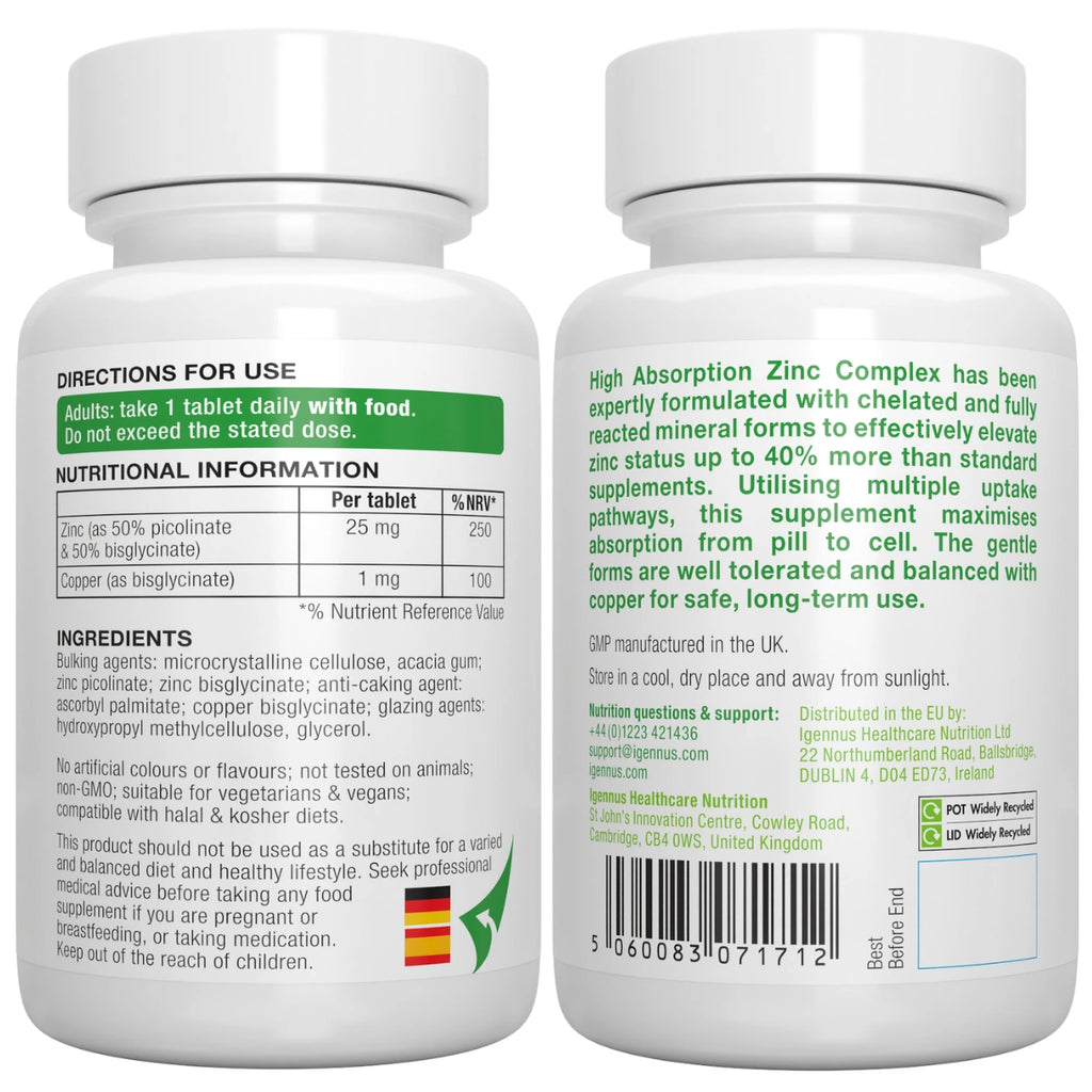 Two white supplement bottles with labels showing directions, nutritional information, and ingredients.