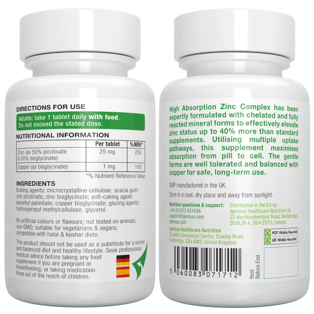 Two white supplement bottles with labels showing directions, nutritional information, and ingredients.
