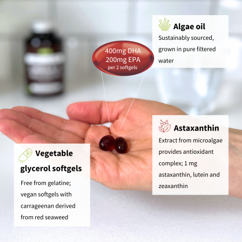 algae oli, astaxanthin, vegetable glycerol softgels