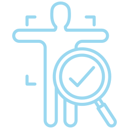Outline of a person with a magnifying glass and check mark, symbolizing inspection or evaluation.