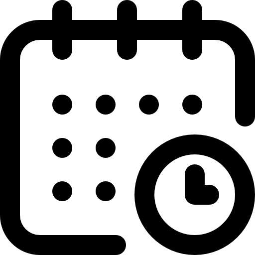 Black icon of a calendar and clock on a white background