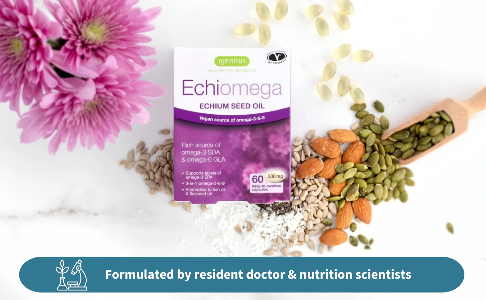 Echiomega product packaging with seeds and flowers on a white background
