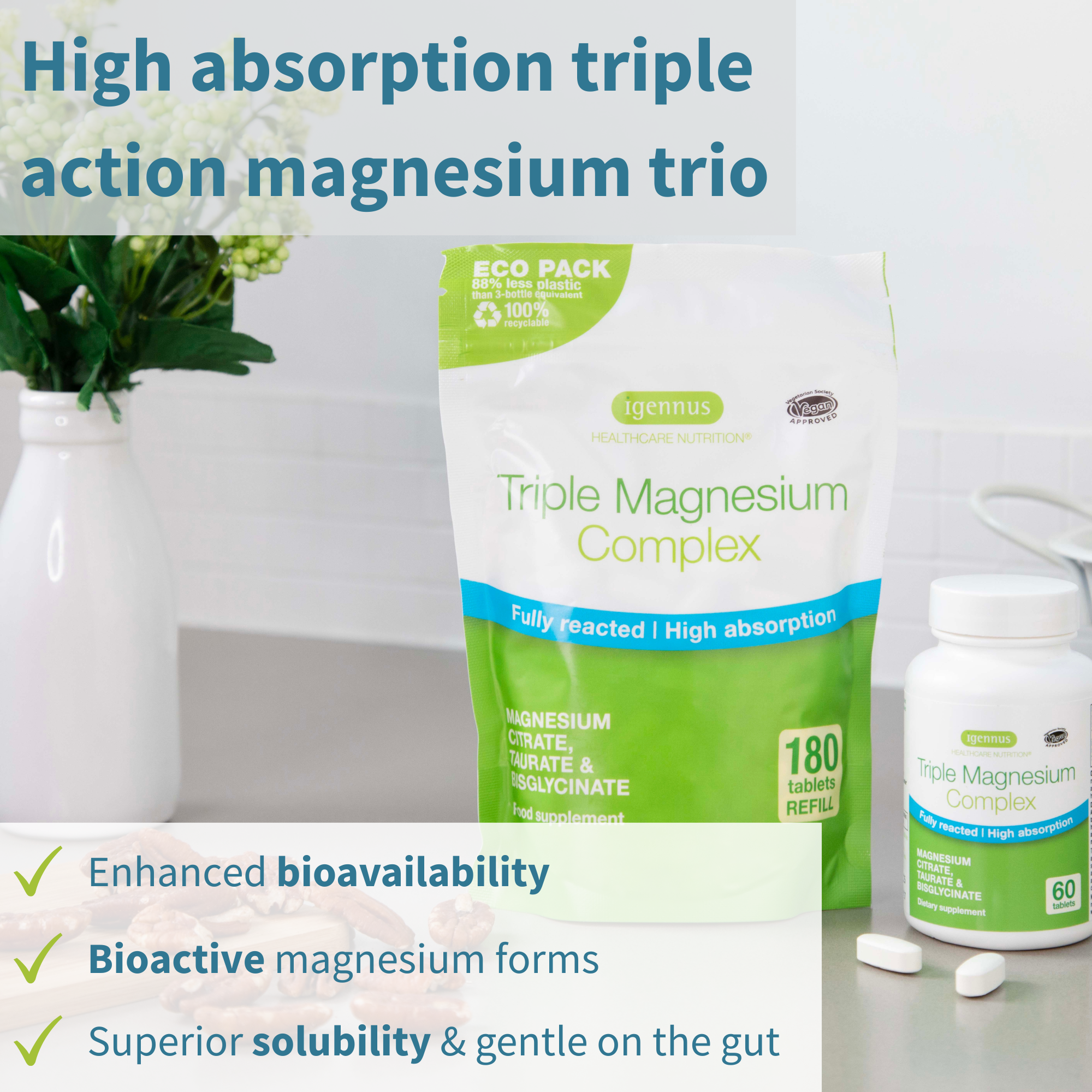 Triple Magnesium Complex, Fully Reacted and Chelated Magnesium Citrate, Bisglycinate & Taurate, Vegan, 60-180 Tablets