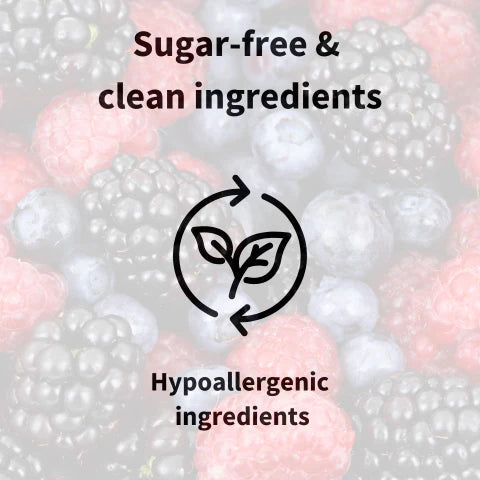 Close-up of pink and gray beads with text 'Sugar-free & clean ingredients' and 'Hypoallergenic ingredients' on a blurred background.