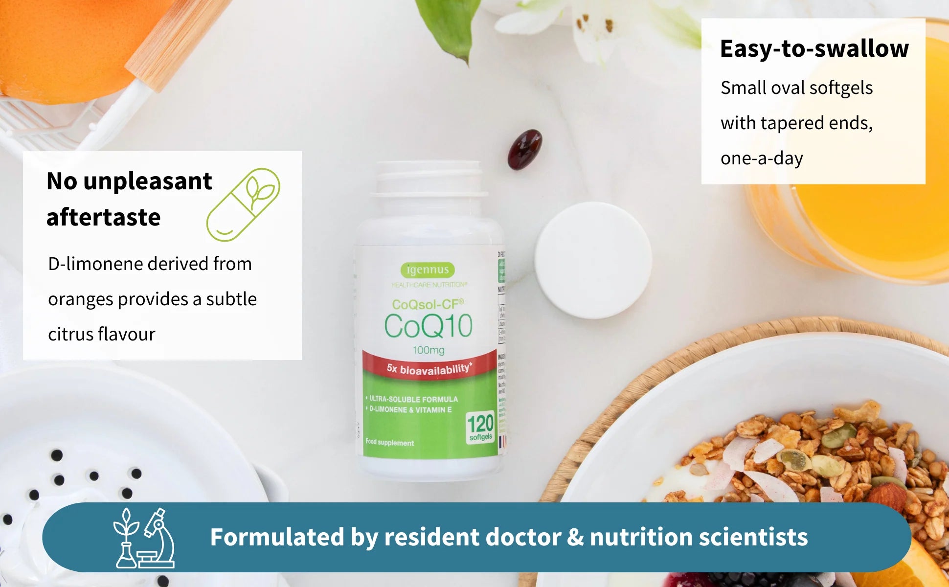 CoQ10 supplement bottle with breakfast items on a table