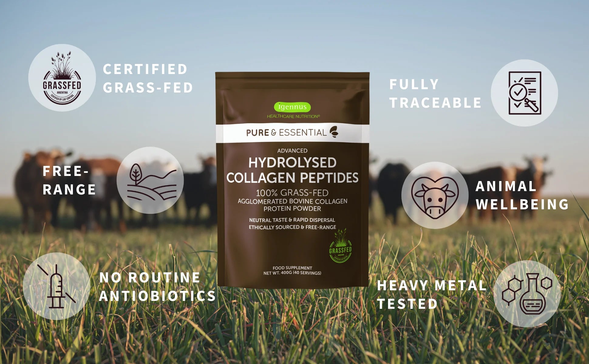 Package of hydrolysed collagen peptides with certification icons on a grassy field background