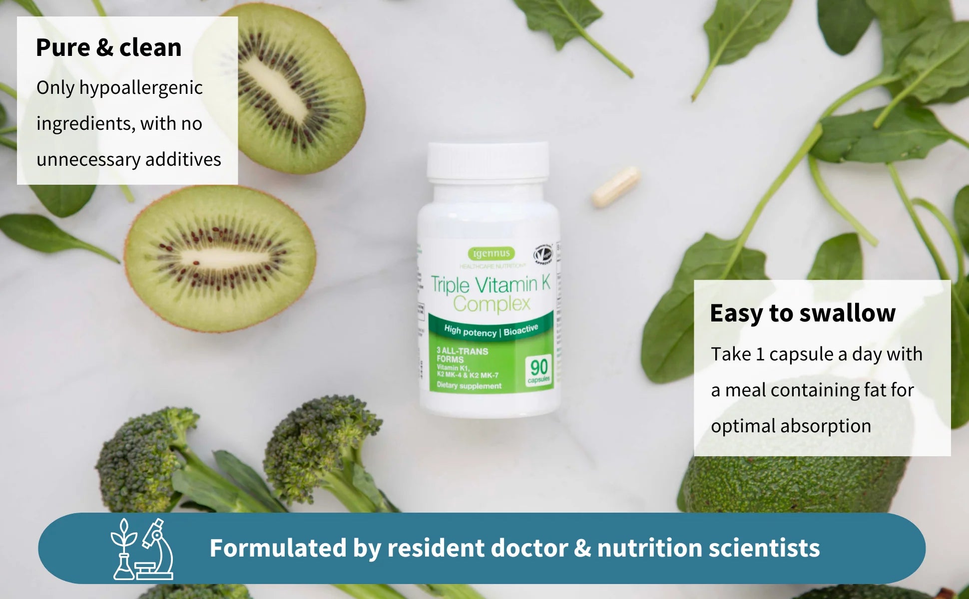 Vitamin supplement bottle with kiwis, broccoli, and spinach on a white background