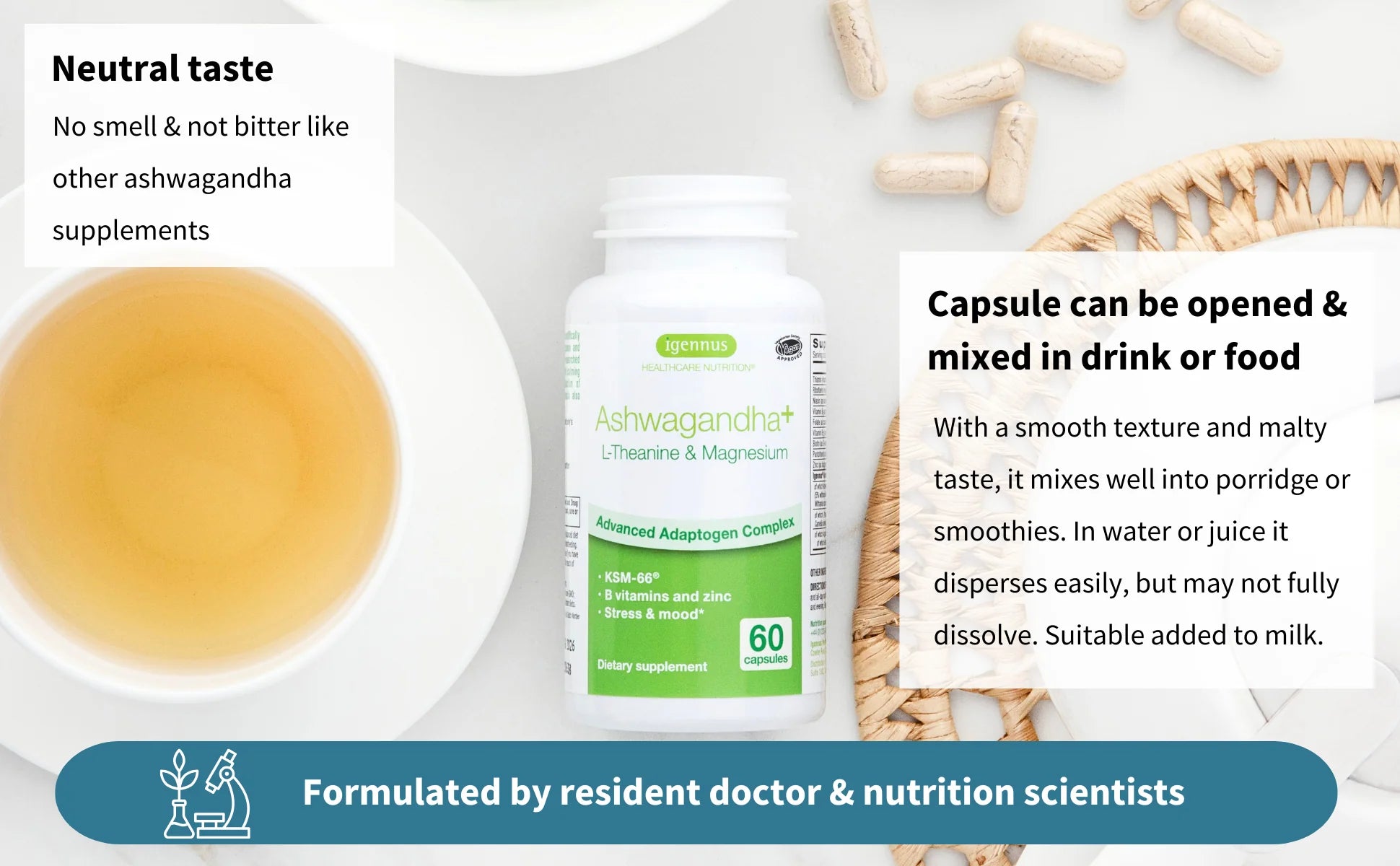 Supplement bottle with tea and capsules on a white background