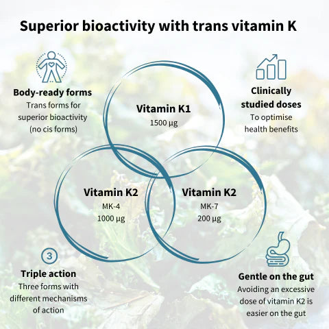 Diagram of vitamin K1 and K2 with text on bioactivity and dosages.
