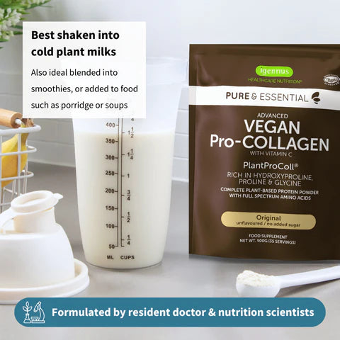 Vegan Pro-Collagen package with a glass of milk and measuring cup on a table.