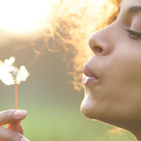 Person blowing on a dandelion with a blurred natural background